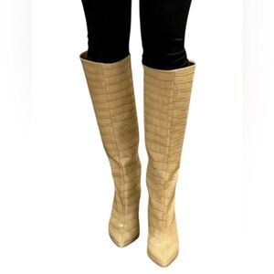 Gianni Bini Beige Croc Embossed Leather Knee High Heeled Boots (New) – Size 8.5